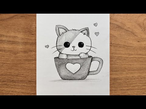 How to Draw a Cute Kitten in a Cup ☕🐱 | Easy Pencil Drawing Step by Step