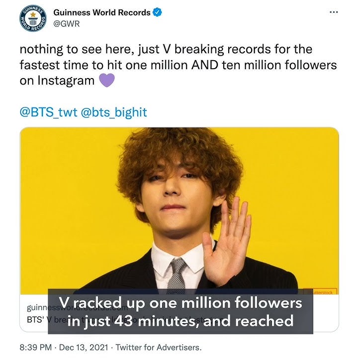 BTS' V sets 2 new Guinness World Records with his Instagram followers