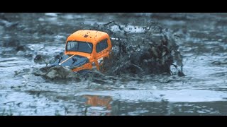 Winter puddle.  RC car mud trail.  Hard Mudding Extreme off road RC model. RC Cars Swamp. TRX-4