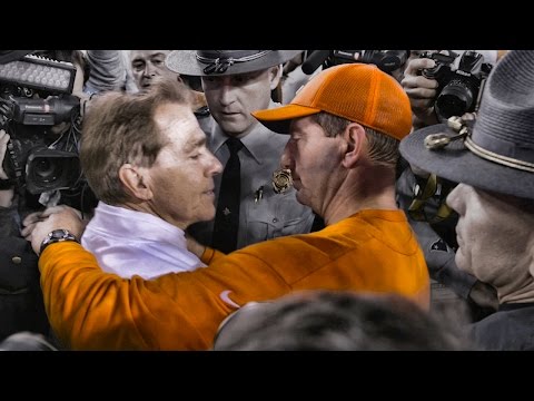 Watch chaotic scene as Nick Saban attempted to seek out Dabo Swinney