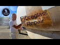 FIBREGLASS REPAIR of a 3 Foot Crack Under the Water Line  (S2 E41 Barefoot Sail and Dive)