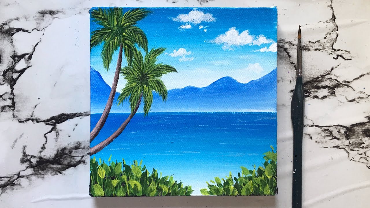 Mini canvas beach landscape painting for beginners