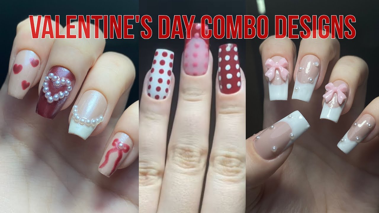 valentine's day combo designs nails | tutorial on false nails 