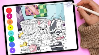 French Bulldog Bath Day. Coloring Page By Numbers