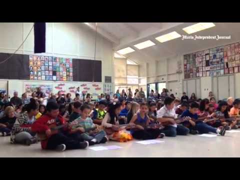 Nearly 100 ukulele players at Lynwood School in Novato.