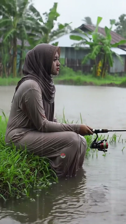 girl in hijab fishing in the rain #relxing #nature #rain