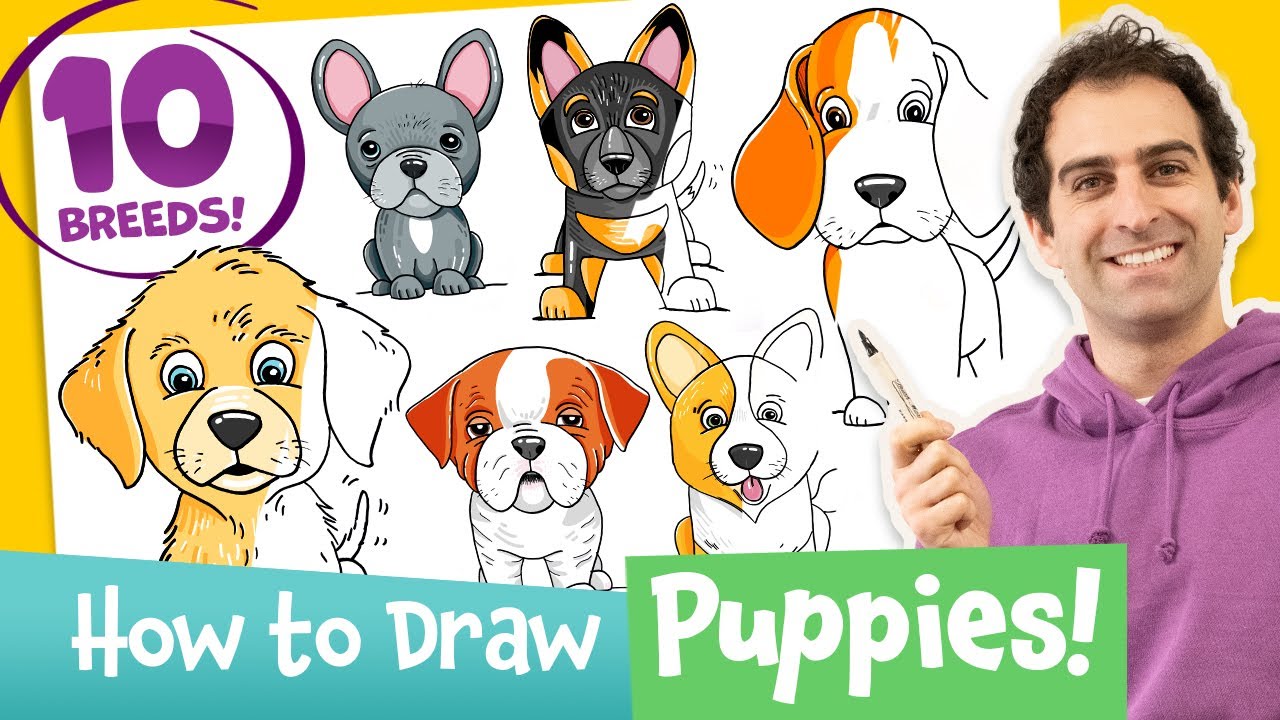 How to Draw 10 Puppy Breeds! Kids Drawing Lesson (Easy)