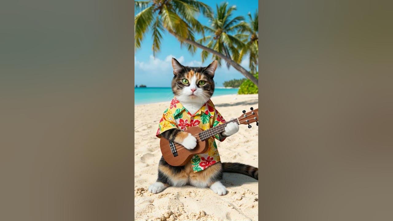 Hawaiian cat playing the ukulele
