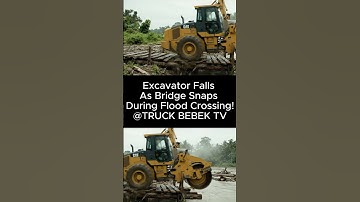 Excavator Falls As Bridge Snaps During Flood Crossing! #short #shorts #excavator #excavatoraccident