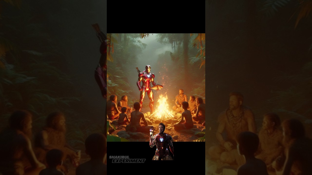 marvel ironman eating together with stone age people | marvel fan art | ai generated photo