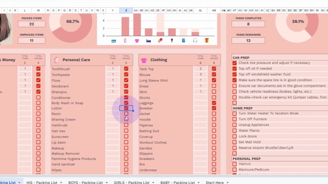 Interactive Travel Packing List Google Sheet