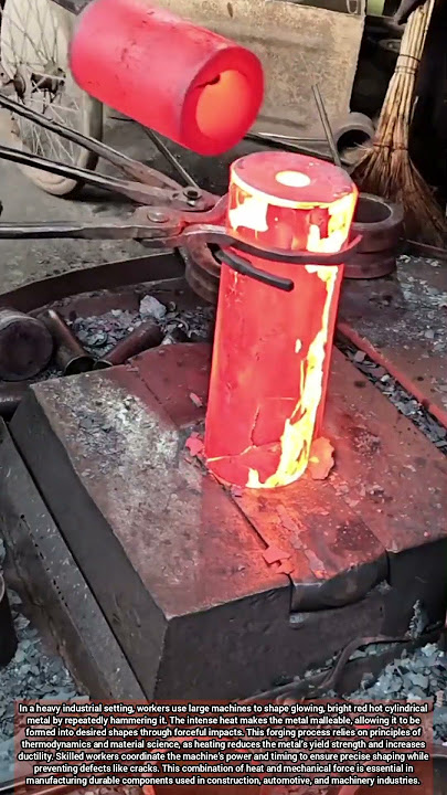 Workers Shaping Glowing Hot Cylindrical Metal Using Heavy Industrial Forging Machines