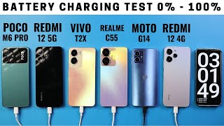 Redmi 12 5G vs Vivo T2x vs Realme C55 vs Poco M6 Pro vs Redmi 12 vs Moto G14 Charging Test 0 - 100%
