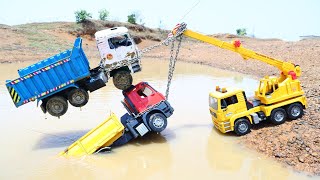 Tata Dumper Ashok Leyland Accident Mud Water Pulling Out Crane ? Tata Tipper | Cartoon Video Cs Toy