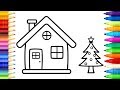 Santa House Coloring Pages - How to Draw and Paint Christmas Tree and House for Kids