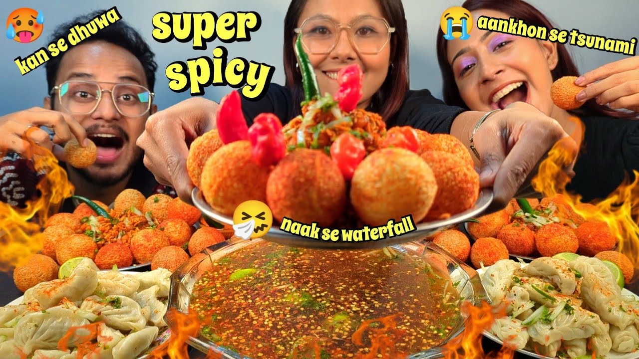 EATING SPICIEST PANIPURI WITH CHATPATE & MOMO | SPICY PANIPURI EATING CHALLENGE | MOMO SPICY CHUTNEY