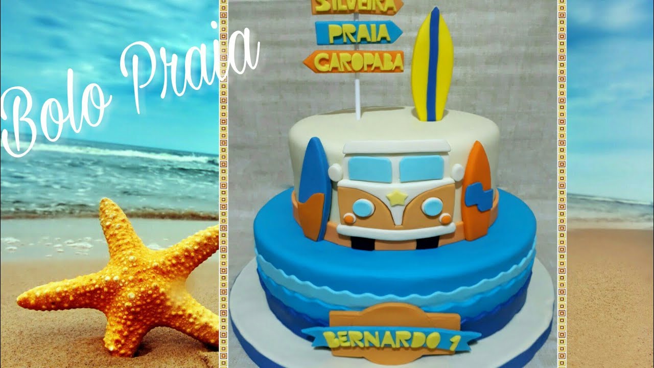 BOLO PRAIA SURF KOMBI PASTA AMERICANA - Bolo com pasta americana aniversário tema praia surfista