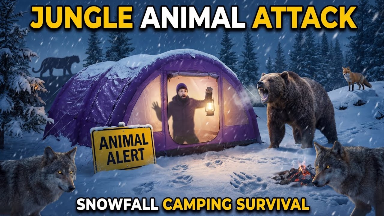 Solo Snowfall Camping in Jungle | Animal Alert Night SurvivalDangerous Jungle Animal Attack | Snow 