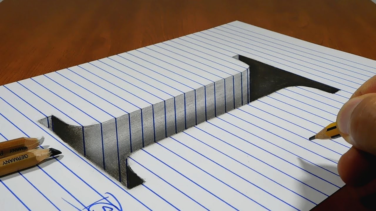 Draw a Letter I Hole on Line Paper   3D Trick Art