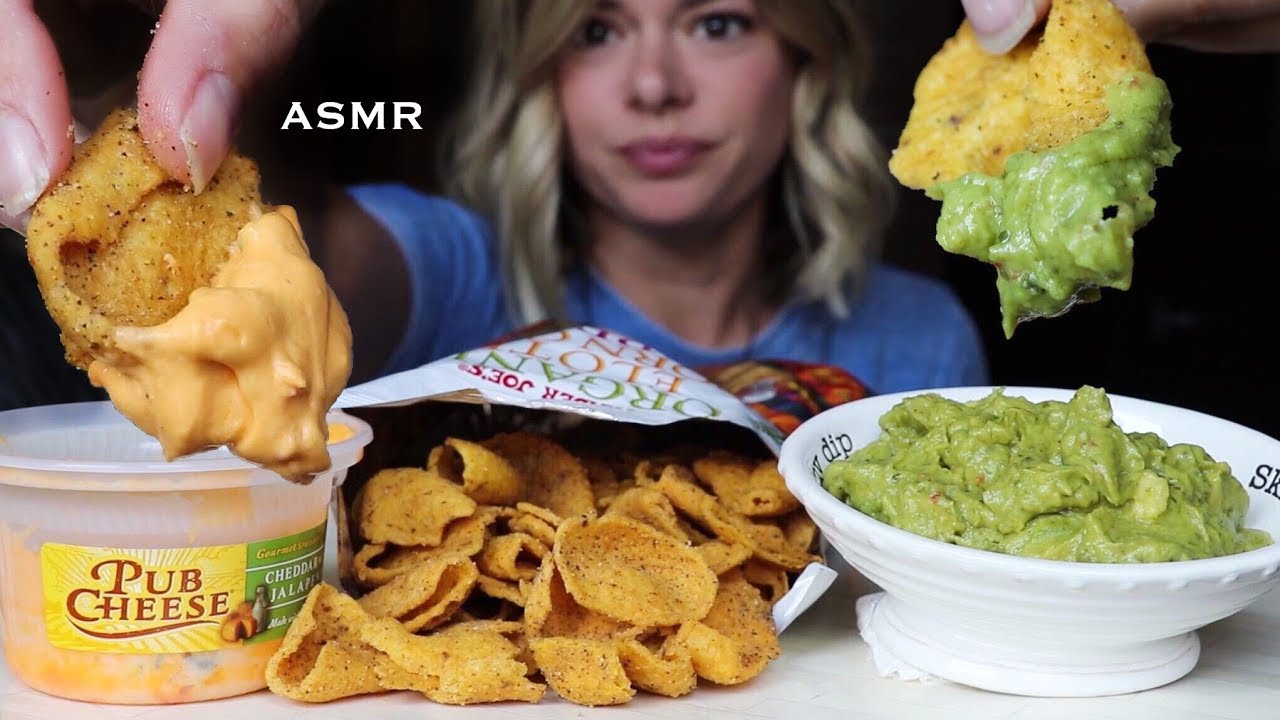 ASMR Trader Joe's Elote Chips, Cheddar Jalapeño Dip + Spicy Guacamole