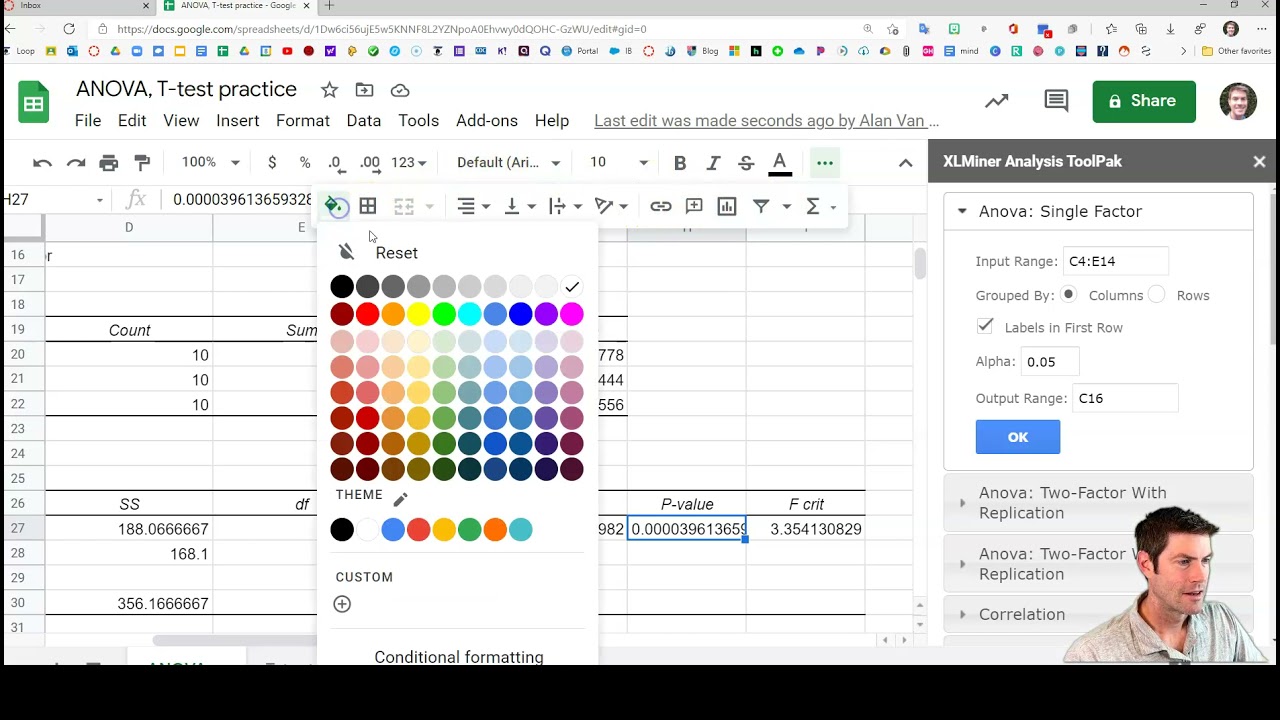 ANOVA Sheets XL Miner toolpak
