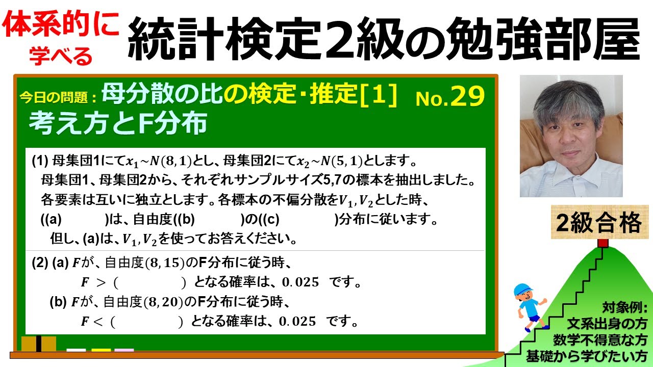 【統計検定2級 今日の問題】(29)母分散の比の検定推定【1】考え方を理解し、F分布を使いこなそう！