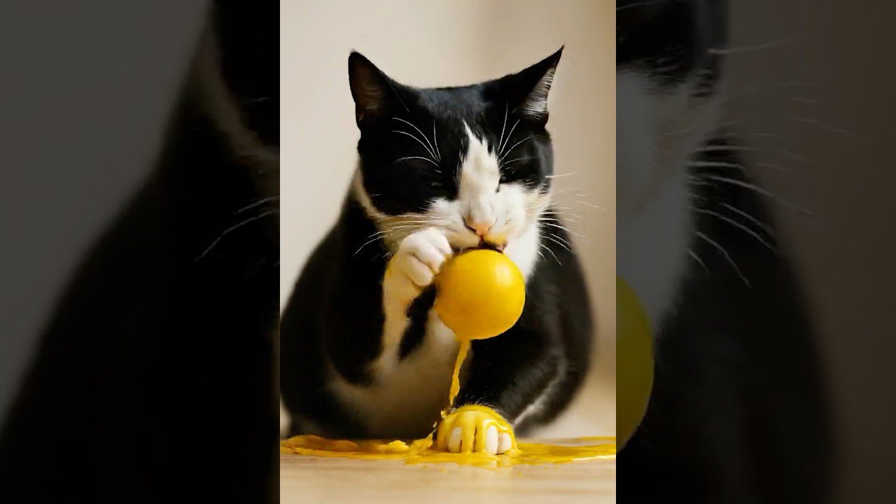 "Tuxedo Cat Bursts Yellow Ball – Watch the Juicy Explosion!"