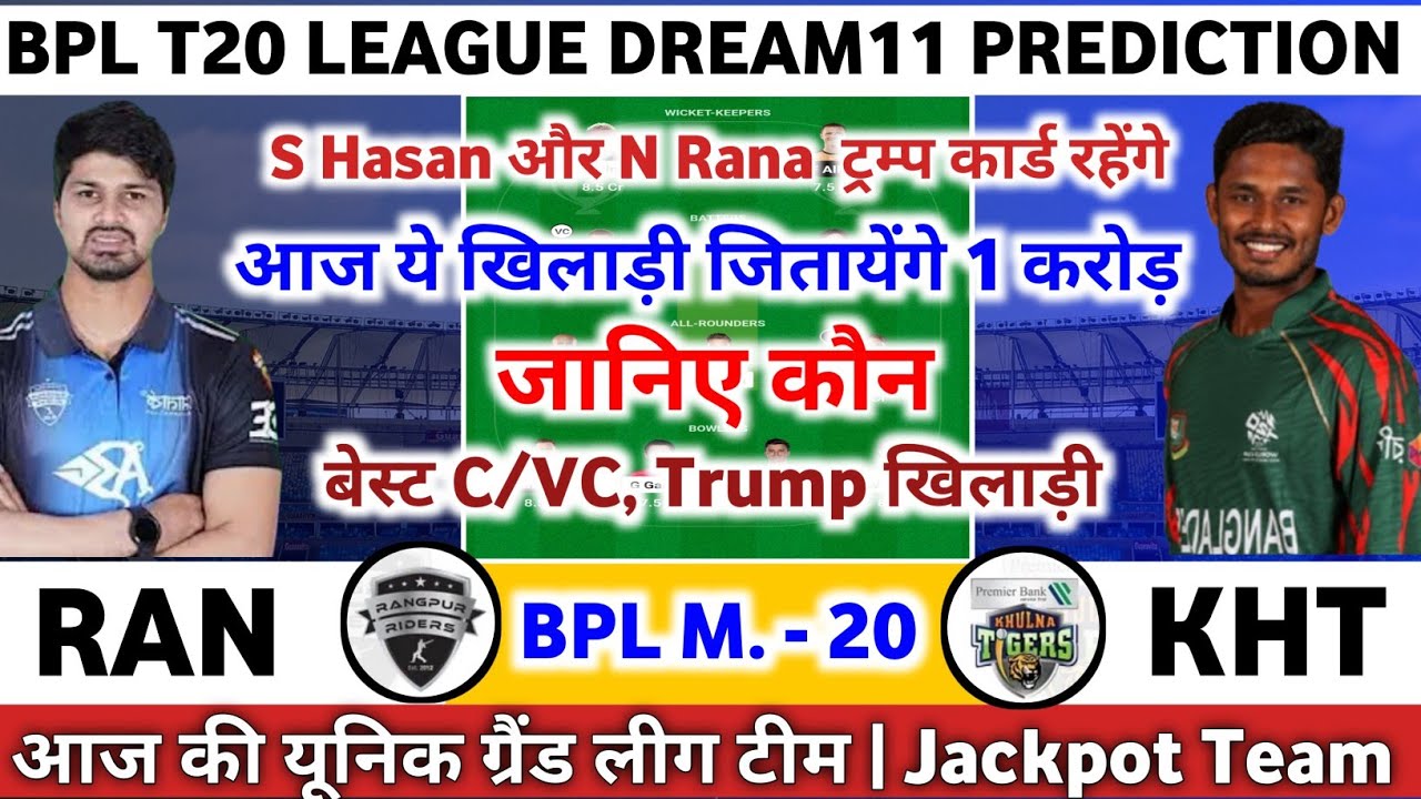 RAN vs KHT Dream11 Prediction | Rangpur Riders vs Khulna Tigers 20th Match BPL T20 Dream11 Team |