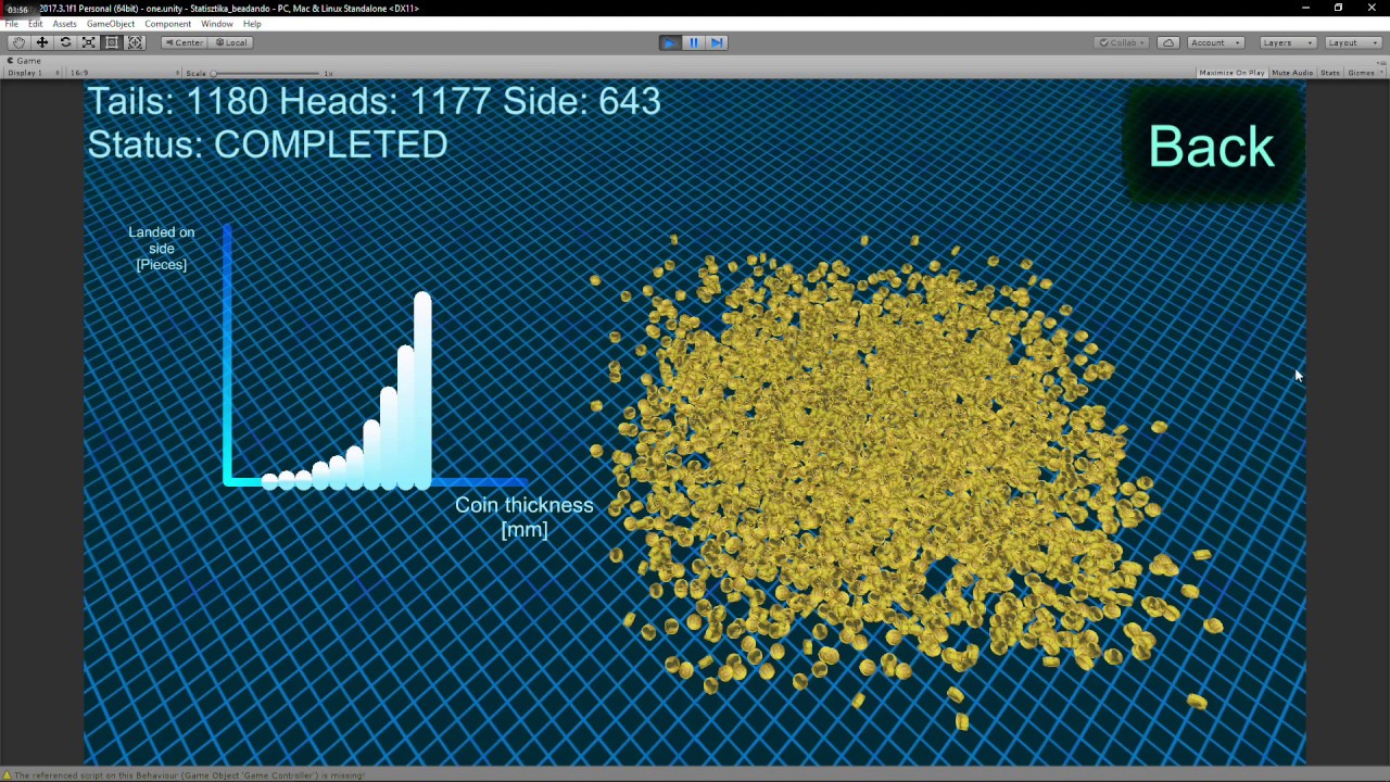 Unity3D Flip a coin simulation (how many landing on the side?) [source