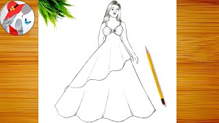 pencil drawing girl with beautiful dress || long dress drawing||easy dress drawing