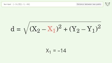Find the distance between two points p1 (-14,22) and p2 (-1,-64): Step-by-Step Video Solution