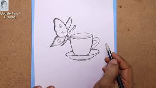 How to draw Cup pierce with Butterfly _ Pencil sketch || Easy draw Cup pierce with Butterfly