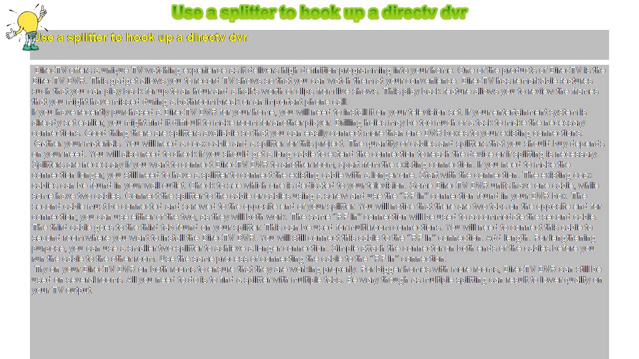 How to Use a splitter to hook up a directv dvr YouTube