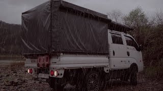 [4k] Spring rain, green forest, truck camper, car camping alone
