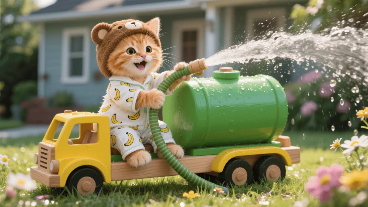 Ginger Kitten Loves Taking Care of Plants — Mama Cat Makes Her a Handmade Watering Truck 🌿🐱