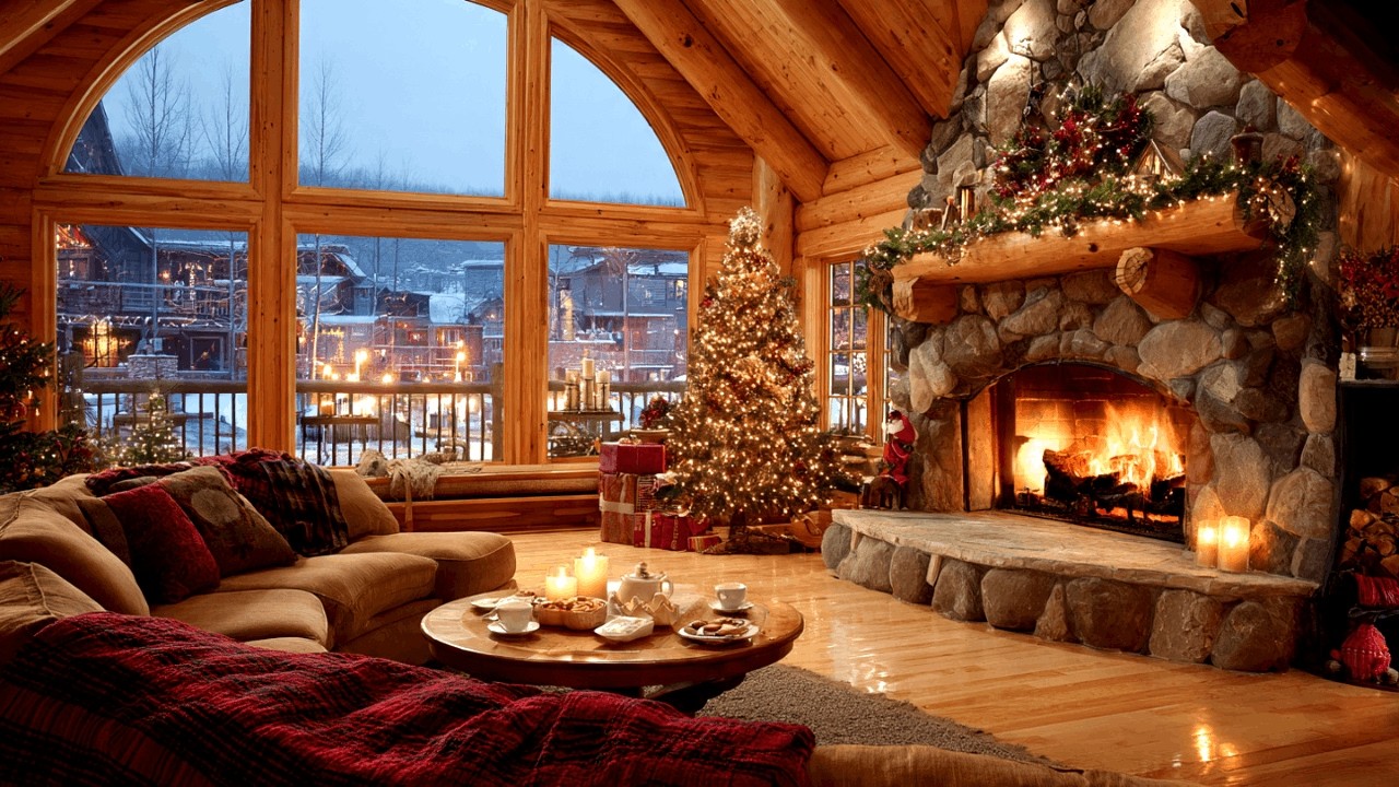 Productive Winter Cabin Fireplace with Happy Jazz Instrumental