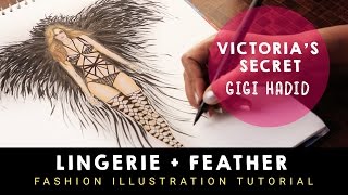 Victorias Secret 2016 Gigi Hadid Fashion Drawing Tutorial Lingerie Feather Part-1