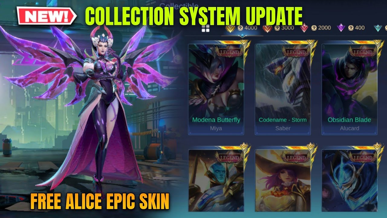 COLLECTION SYSTEM FREE SKINS! CLAIM ALICE NEW EPIC SKIN MOBILE LEGENDS ...