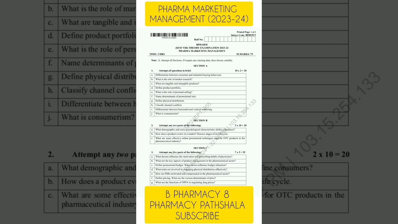 Pharma Marketing Management BP803ET || Previous Year Question Papers 2023-24 || B Pharma 8 Semester
