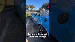 Car went airborne and flipped 8+ times onto Dealership. 8 or more Dodge Challengers TOTALED!
