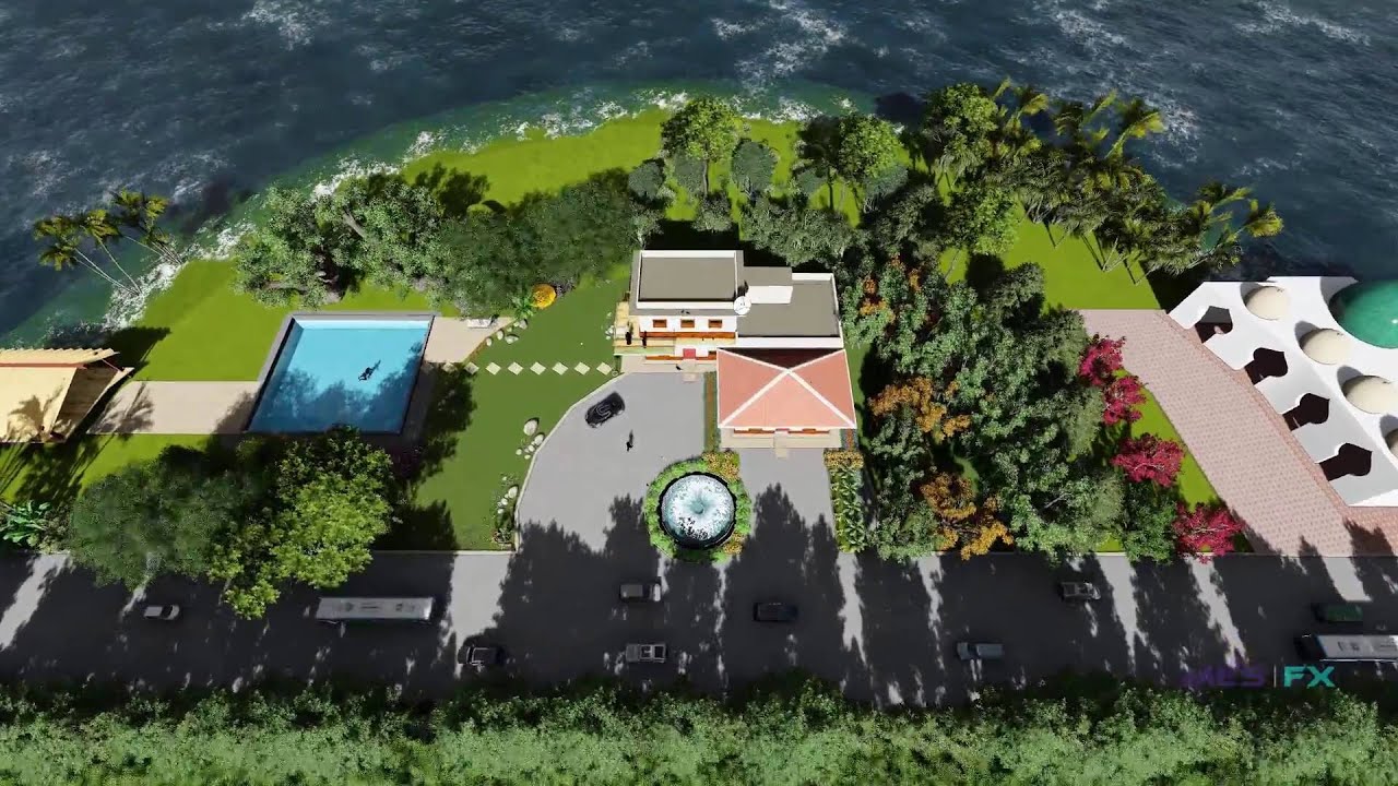 bungalow sea beach architecture and landscape design animation