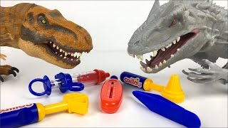 Unboxing Caillou Check Up Kit - Juric World T-Rex & Indominus Rex Get A Doctor Check Up For Pain