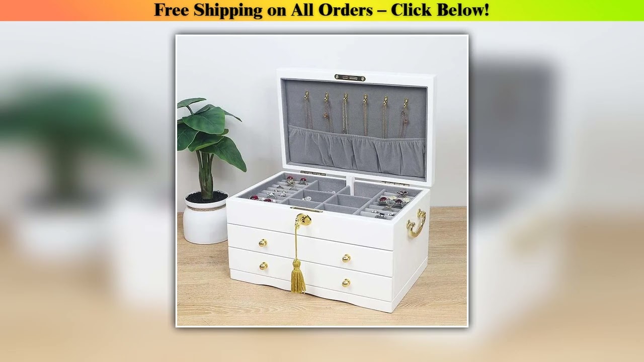 Solid Wood Jewelry Box with Lock White Portable Storage Boxes Necklace Display Stand Ring Bracelet