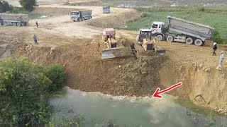 Powerful Operators Filling Land Land! Komatsu Dozers and Dump Trucks 25t Nice Technique Pushing Rock
