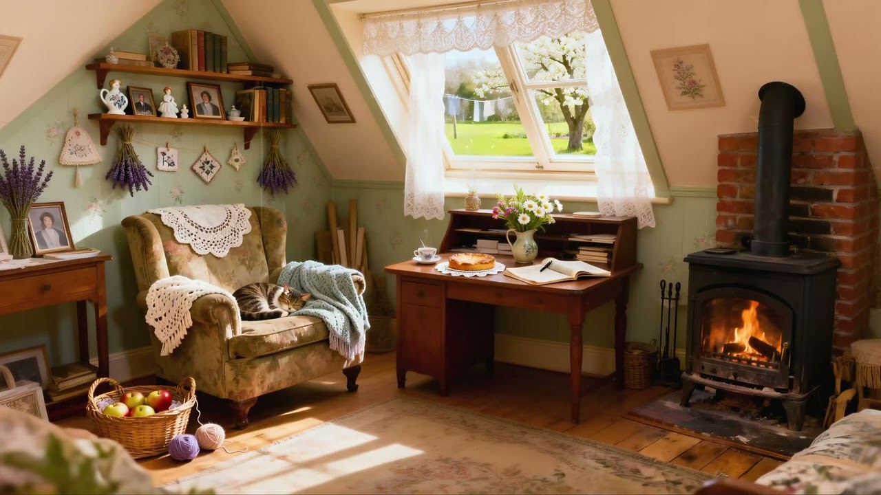 a cozy classic jazz spring afternoon in a cottage attic with sunshine and quiet moments