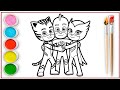 PJ maska draw together, easy draw,painting and colouring drawing for kids and toddlers,🚸🎨,let's draw