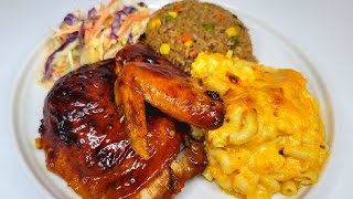 Cook dinner with me, orange glazed chicken, Mac & cheese, fried rice, coleslaw