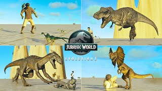 HUMANS VS ALL LAND DINOSAURS & REPTILES HUNTING ANIMATIONS IN JURASSIC WORLD EVOLUTION 3