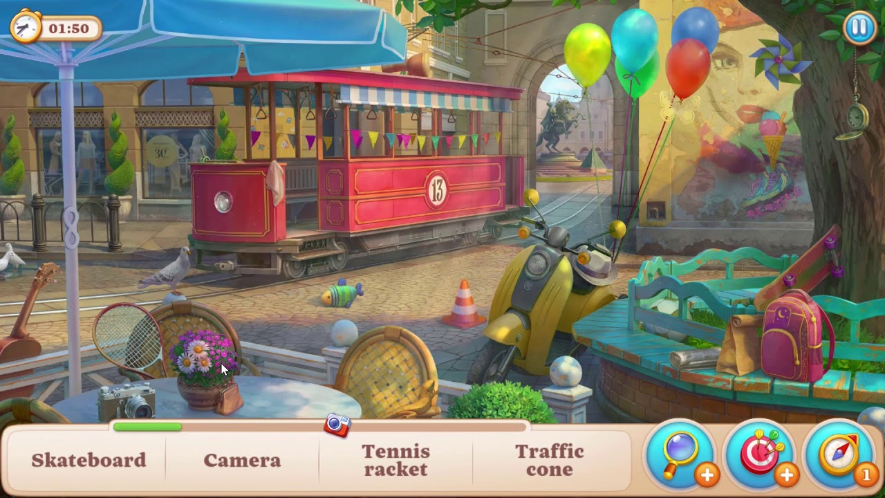 Manor Matters hidden objects #21: Skateboard, Dog,Tennis racket ,Traffic cone, Ball, Camera, Guitar