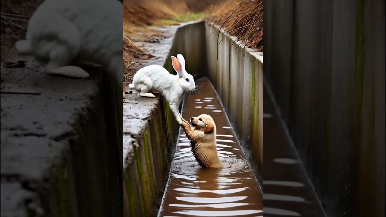 a rabbit rescue a baby dog 🐕